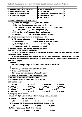 Đề kiểm tra 45 phút lần 3 môn Tiếng Anh Lớp 7 (Thí điểm) (Có đáp án)